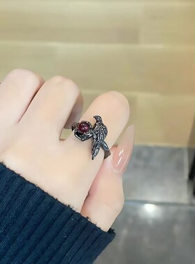 新款暗黑风乌鸦戒指指环女黑色时尚简约开口可调节小众食指戒韩版