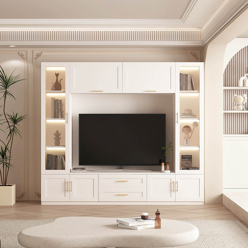 法式复古客厅电视背景墙家用现代简约原木风一体电视柜书柜收纳 - 图3