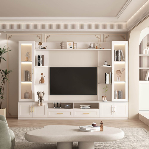 法式复古客厅电视背景墙家用现代简约原木风一体电视柜书柜收纳 - 图0