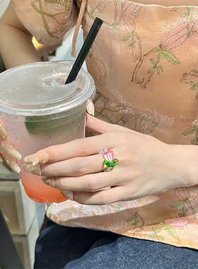 甜美小清新郁金香串珠戒指女小众设计时尚个性食指戒简约百搭配饰