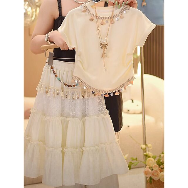 ເດັກຍິງ summer suit skirt ແຂນສັ້ນບາງໆແບບທີ່ທັນສະໄຫມ