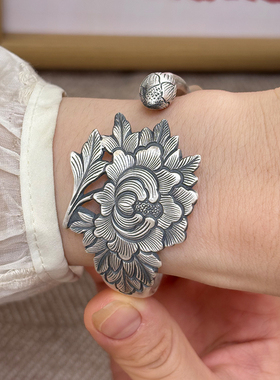 航达银匠手工牡丹花银手镯