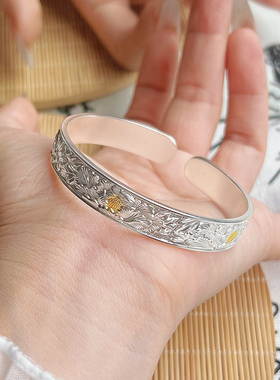 航达银匠牡丹花足银999实心手镯