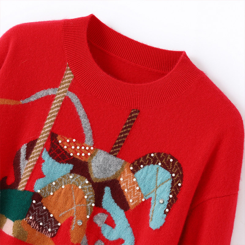 萨琪尼100%纯山羊绒衫女士圆领套头毛衣重工钉珠提花羊绒打底衫,淘宝优惠券,粉丝福利购,淘宝优惠卷