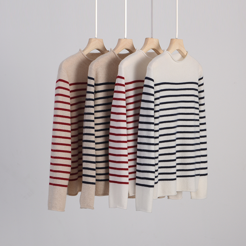 这版型怎么穿都美！平面卷边条纹半高领羊绒衫女纯羊绒毛衣针织衫,淘宝优惠券,粉丝福利购,淘宝优惠卷