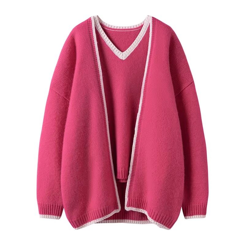 CHAO奢！气质！羊绒开衫女两件套~撞色边粗棒针加厚羊绒背心外套,淘宝优惠券,粉丝福利购,淘宝优惠卷