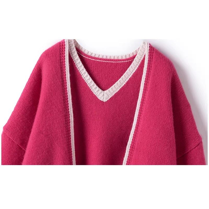 CHAO奢！气质！羊绒开衫女两件套~撞色边粗棒针加厚羊绒背心外套,淘宝优惠券,粉丝福利购,淘宝优惠卷