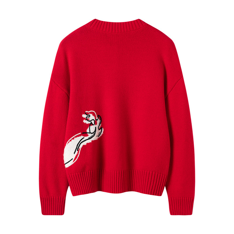 【喜乐灵龙】系列2025新款100%纯羊绒复古休闲针织套头红色毛衣女,淘宝优惠券,粉丝福利购,淘宝优惠卷