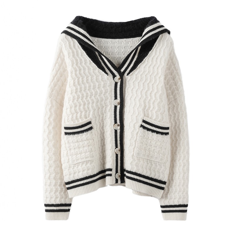 时光胶囊~2025年学院风毛衣遮肉外套海军领针织羊绒开衫白黑撞色 - 图1