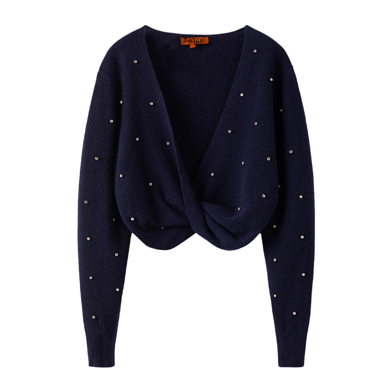 萨琪尼〓绒+〓藏青色扭转v领水钻蝙蝠袖羊绒毛衣女短款2025秋冬,淘宝优惠券,粉丝福利购,淘宝优惠卷