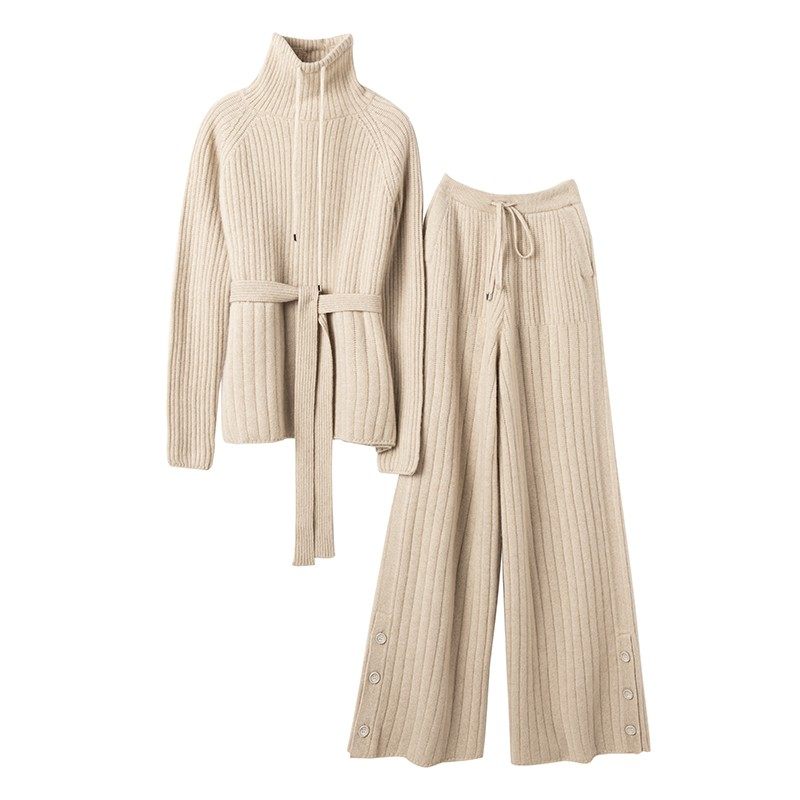 温婉时髦气质！加厚羊绒衫女高领系带针织羊绒阔腿裤子女外穿套装,淘宝优惠券,粉丝福利购,淘宝优惠卷