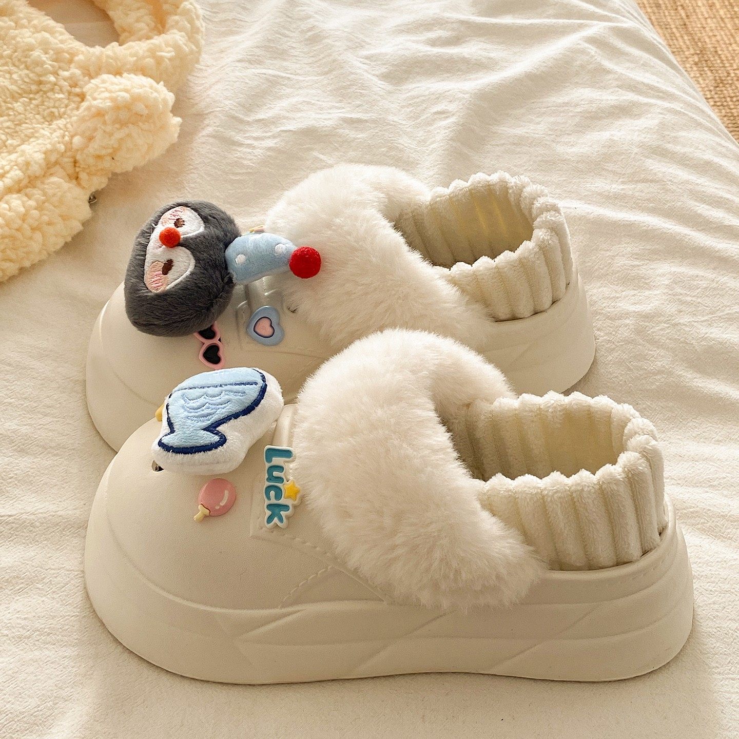 厚底可拆卸棉拖鞋女冬季新款加绒保暖包跟室内穿可爱企鹅小鱼棉鞋,淘宝优惠券,粉丝福利购,淘宝优惠卷