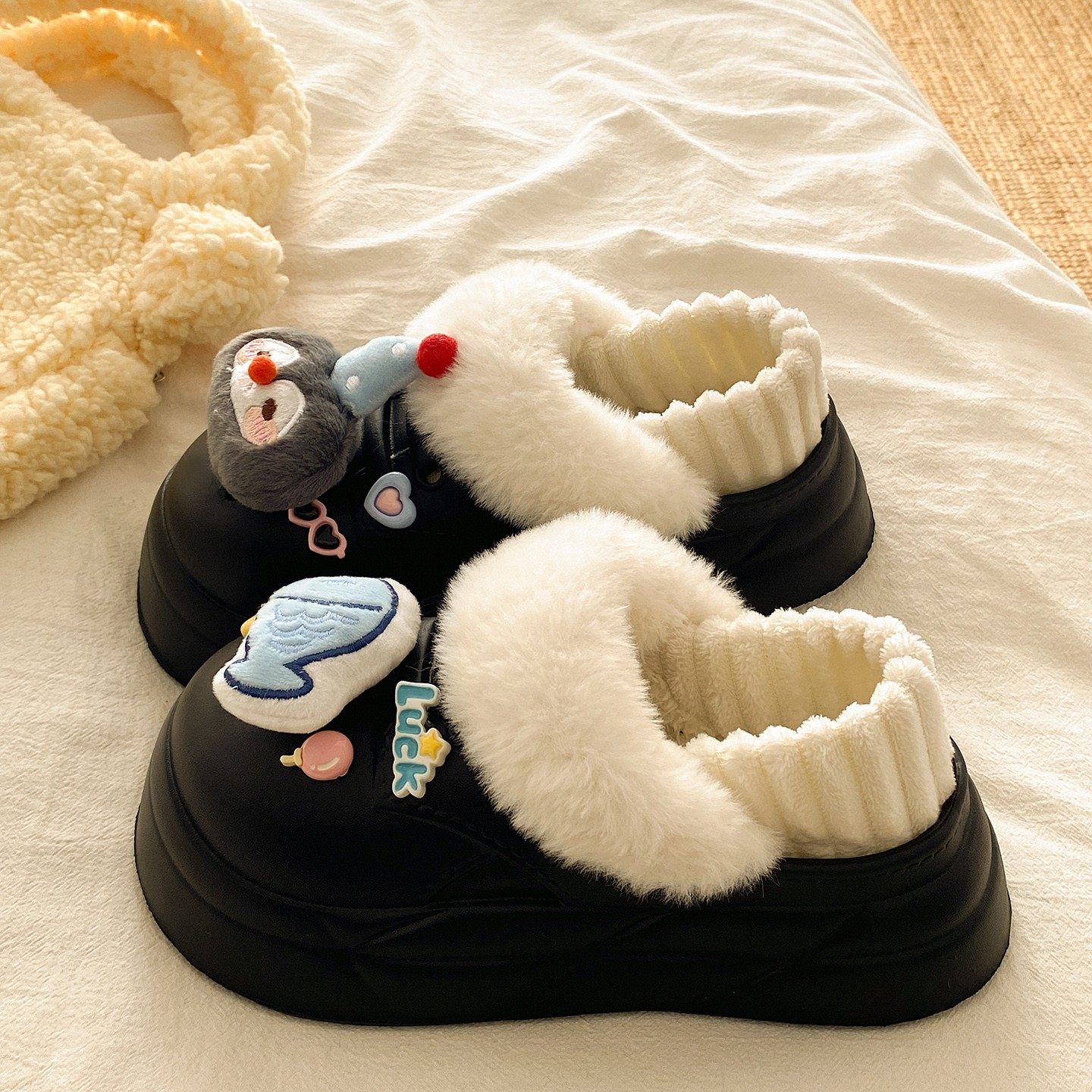 厚底可拆卸棉拖鞋女冬季新款加绒保暖包跟室内穿可爱企鹅小鱼棉鞋,淘宝优惠券,粉丝福利购,淘宝优惠卷