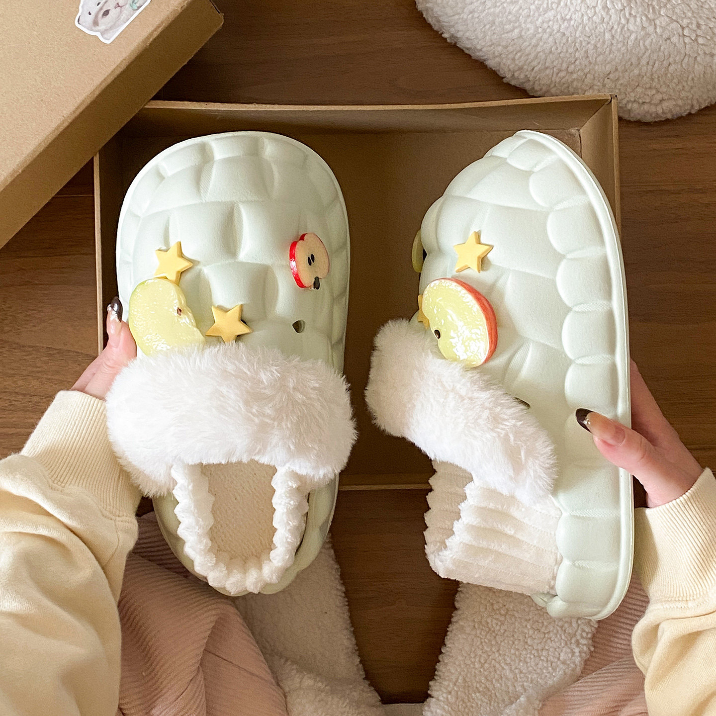 可拆卸防水棉拖鞋女款冬季家居外穿可爱星星苹果加绒保暖包跟棉鞋,淘宝优惠券,粉丝福利购,淘宝优惠卷