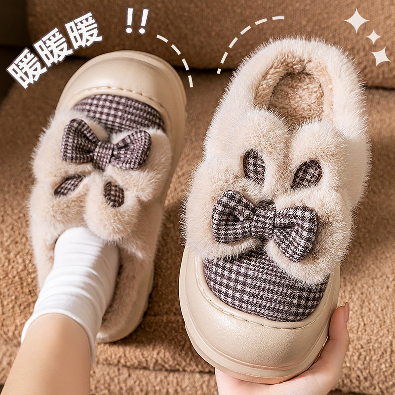 蝴蝶结棉拖鞋女款2025秋冬季新款毛毛绒室内居家保暖防滑厚底棉鞋,淘宝优惠券,粉丝福利购,淘宝优惠卷