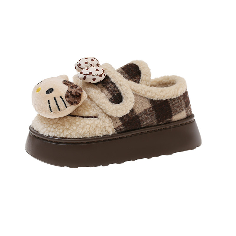 可爱猫咪格子棉拖鞋女款冬季外穿厚底加绒包跟保暖防滑魔术贴棉鞋,淘宝优惠券,粉丝福利购,淘宝优惠卷