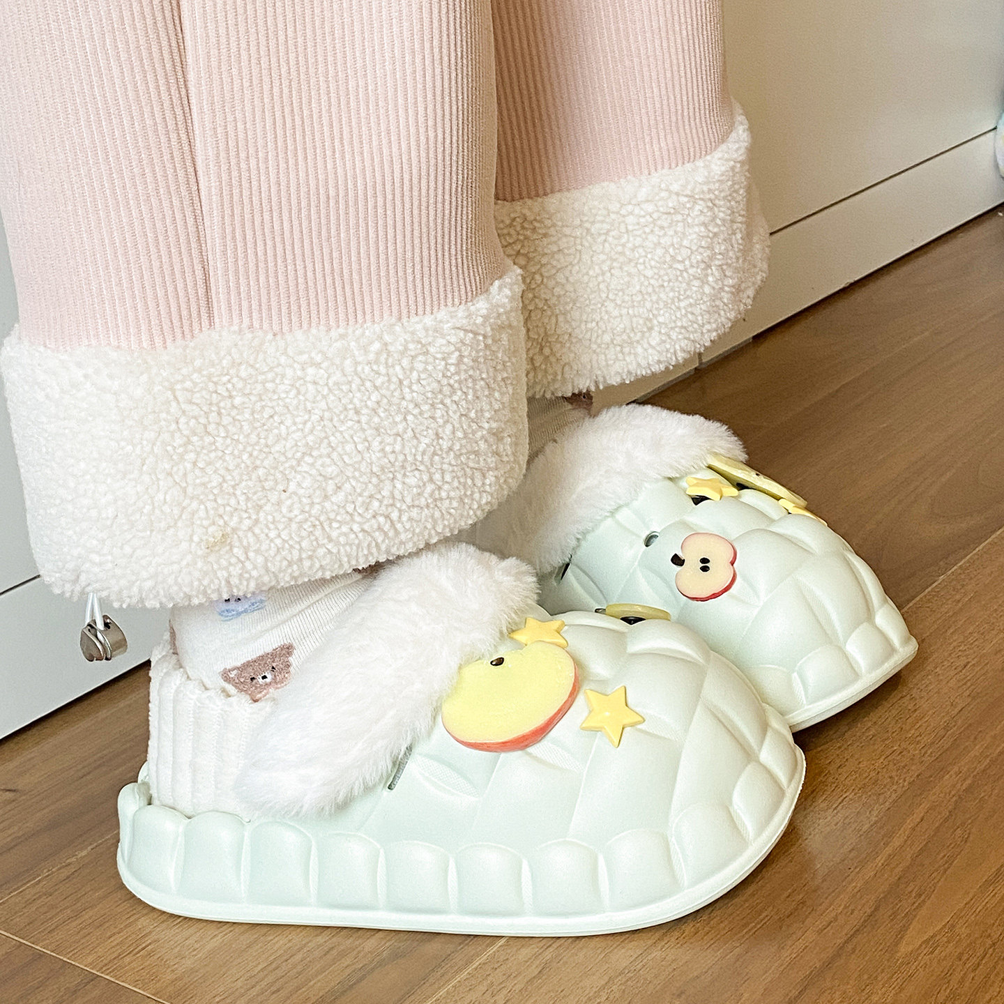 可拆卸防水棉拖鞋女款冬季家居外穿可爱星星苹果加绒保暖包跟棉鞋,淘宝优惠券,粉丝福利购,淘宝优惠卷