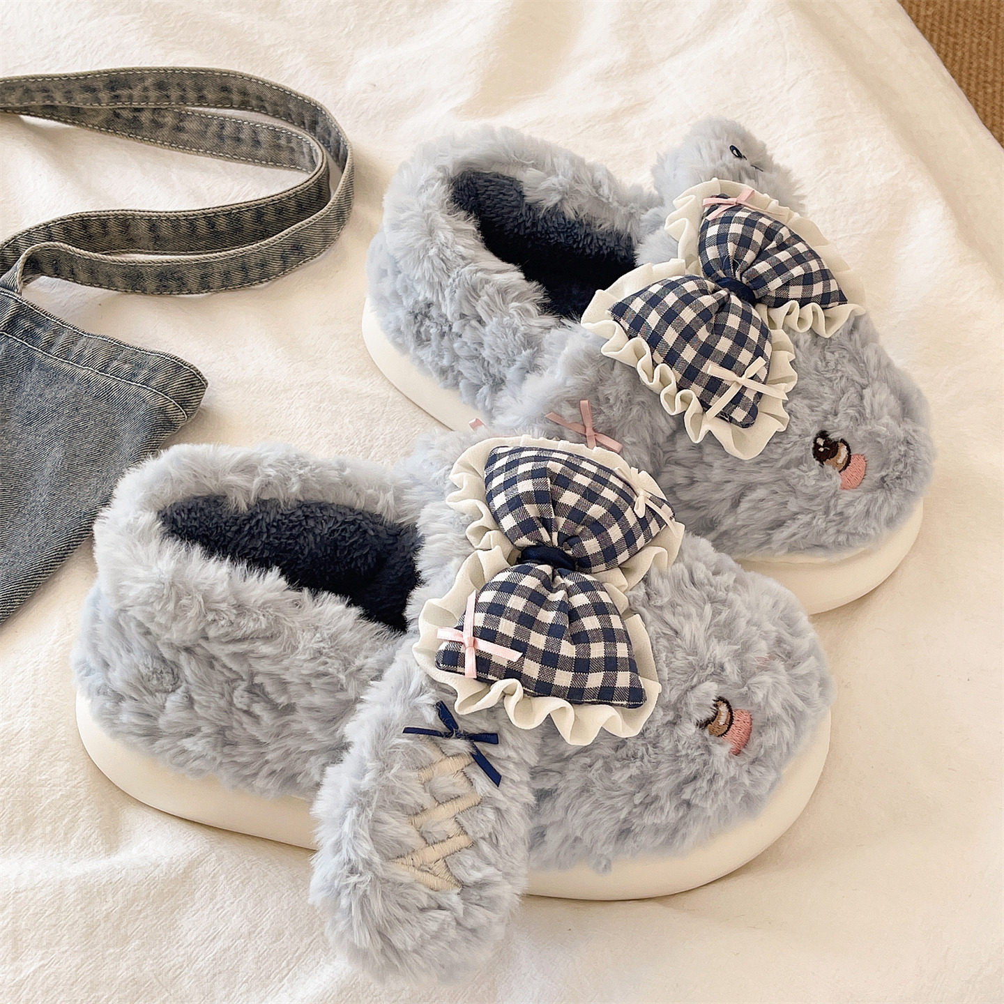 可爱蝴蝶结小兔棉拖鞋女冬季居家室内毛毛绒保暖包跟防滑月子棉鞋,淘宝优惠券,粉丝福利购,淘宝优惠卷