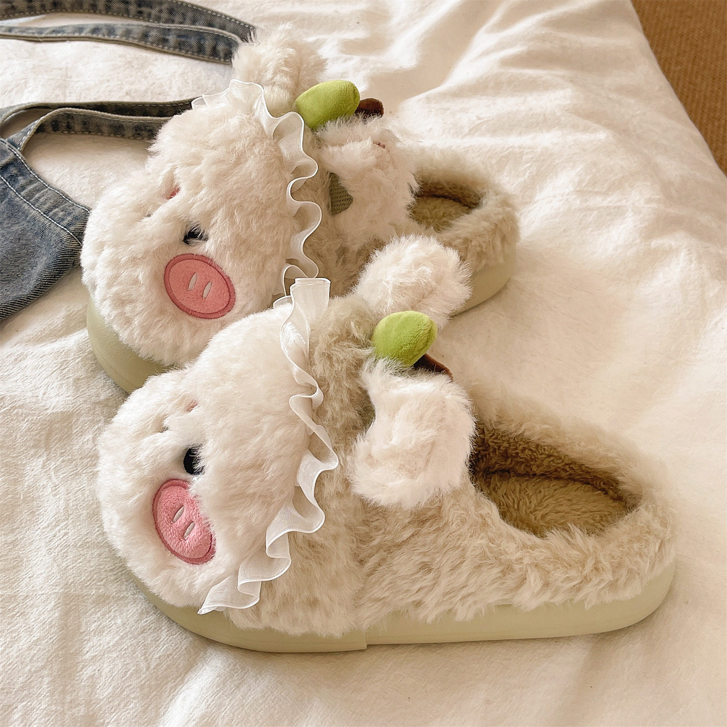可爱小苹果毛毛鞋女冬季居家室内毛绒保暖包头厚底防滑月子棉拖鞋,淘宝优惠券,粉丝福利购,淘宝优惠卷