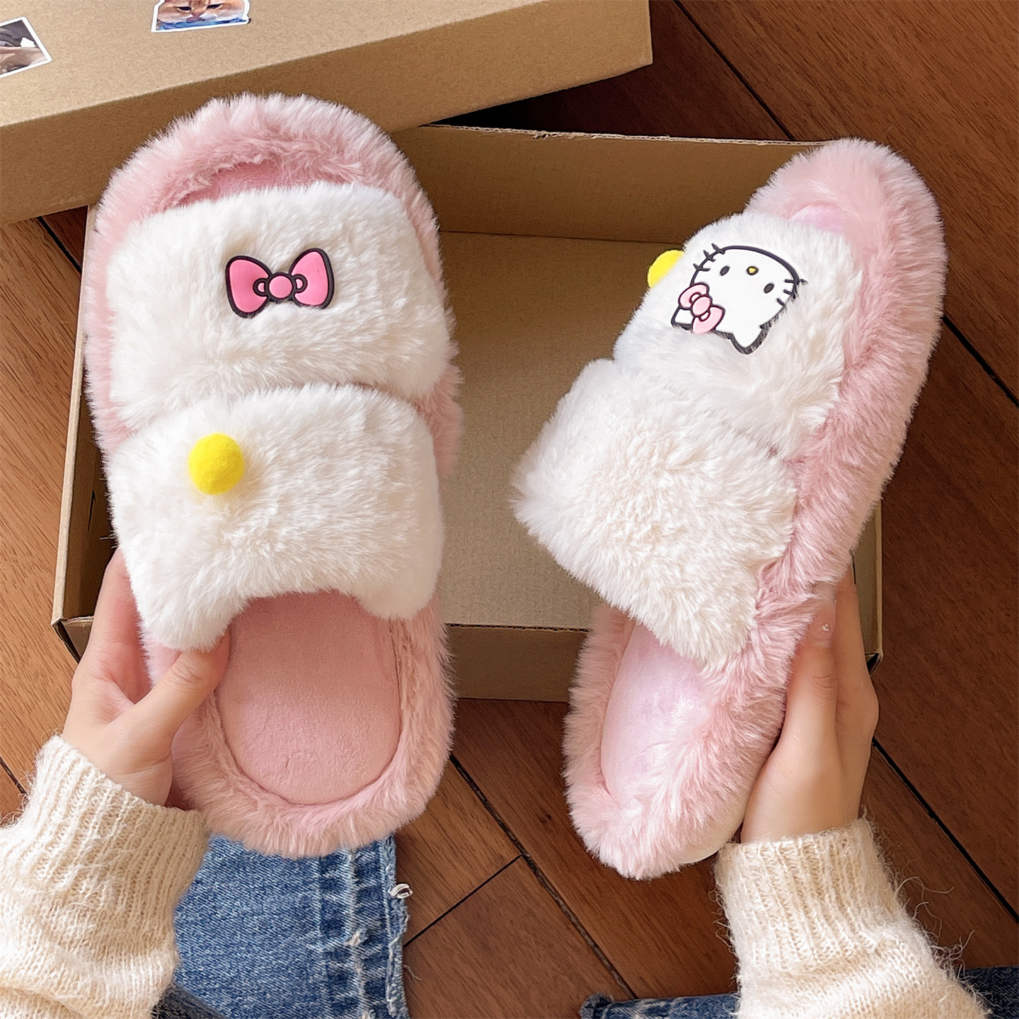 少女心可爱猫咪毛毛拖鞋女秋冬季室内居家防滑保暖毛绒一字棉拖鞋 - 图3