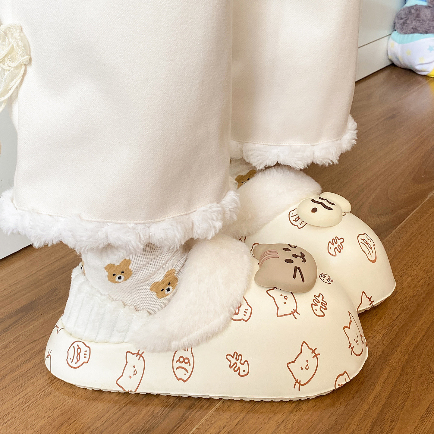 可拆卸棉拖鞋女士冬季加绒保暖室内外穿防水可爱猫鱼印花包跟棉鞋,淘宝优惠券,粉丝福利购,淘宝优惠卷
