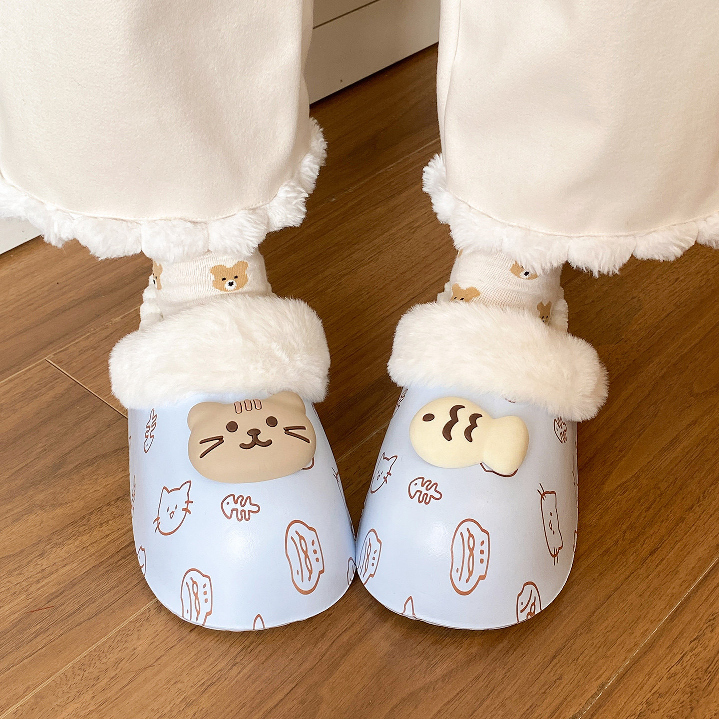 可拆卸棉拖鞋女士冬季加绒保暖室内外穿防水可爱猫鱼印花包跟棉鞋,淘宝优惠券,粉丝福利购,淘宝优惠卷