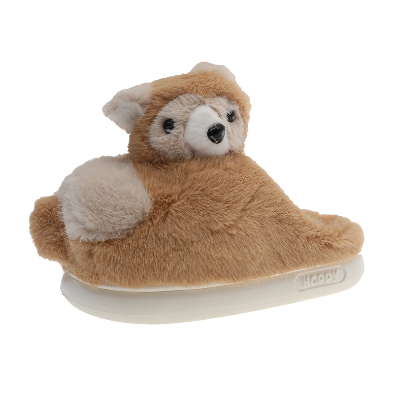 可爱小浣熊毛毛鞋女冬季学生宿舍室内居家防滑厚底保暖毛绒棉拖鞋 - 图0
