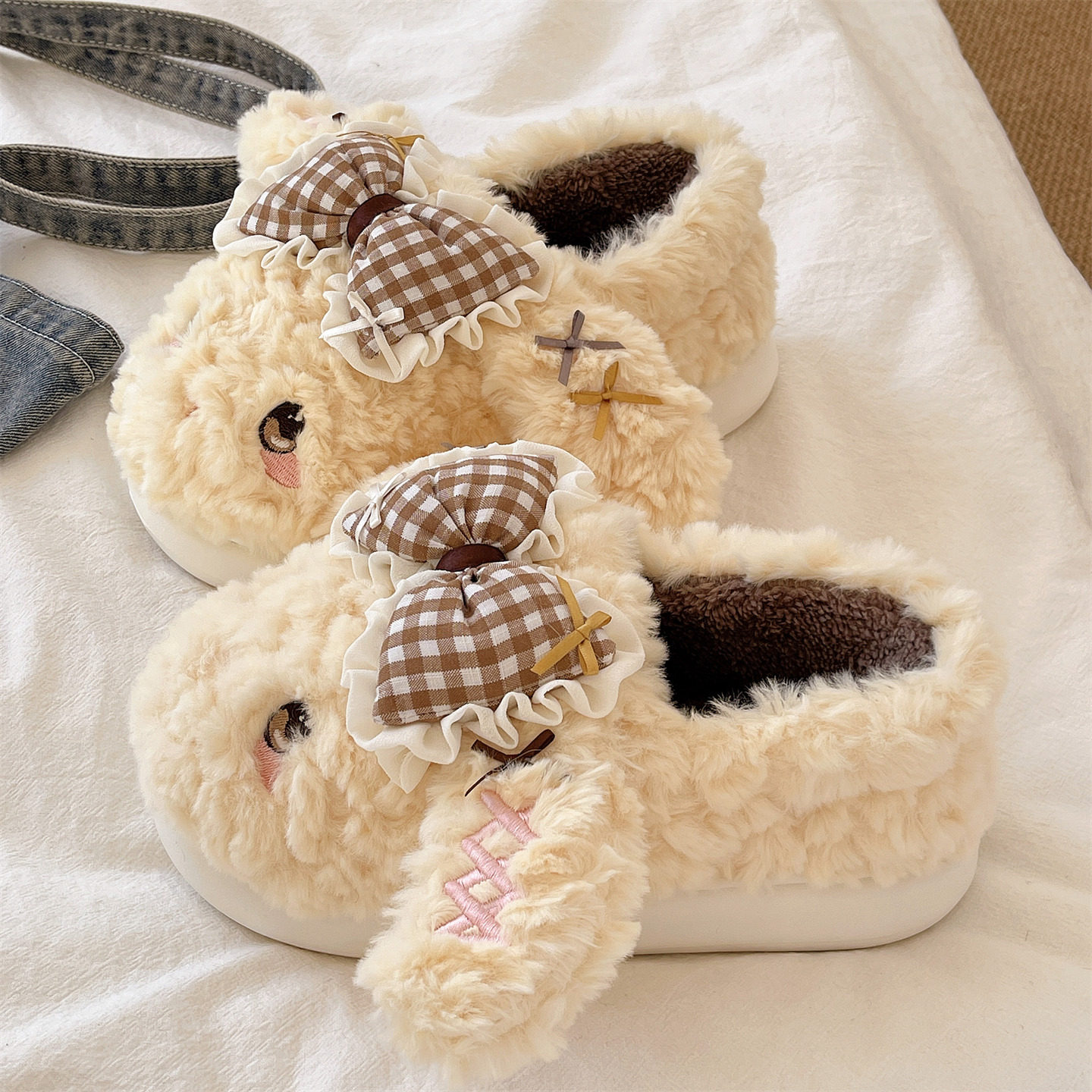 可爱蝴蝶结小兔棉拖鞋女冬季居家室内毛毛绒保暖包跟防滑月子棉鞋,淘宝优惠券,粉丝福利购,淘宝优惠卷