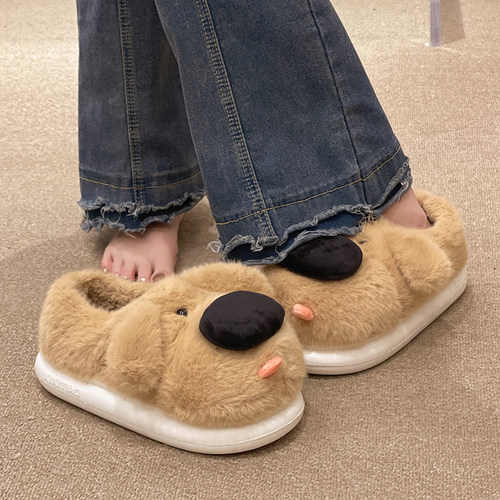 可爱大鼻狗棉拖鞋女冬季外穿毛绒保暖情侣室内居家防滑包跟棉鞋男 - 图1