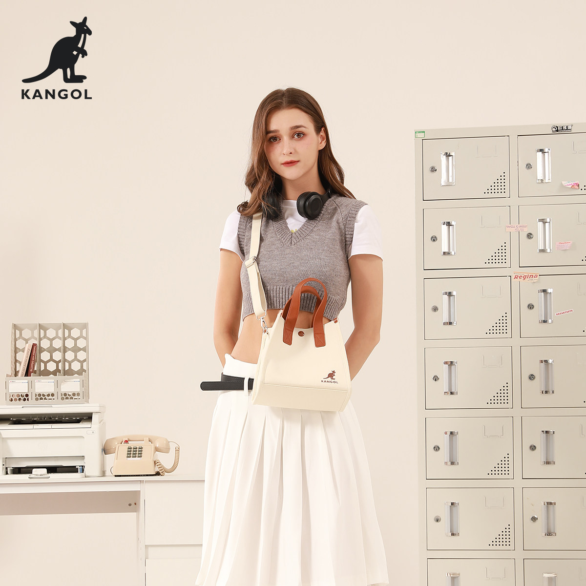 KANGOL时尚小方包女韩系简约单肩斜挎包高级感轻奢拼皮手提豆腐包,淘宝优惠券,粉丝福利购,淘宝优惠卷