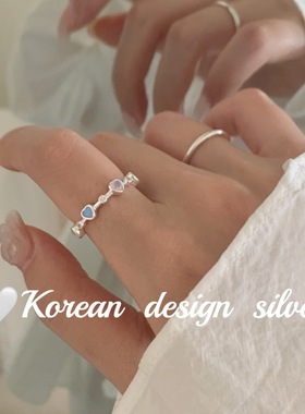 韩系秋冬新款极简设计 S925纯银蓝粉彩色爱心拼接戒指叠戴高级