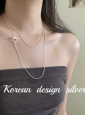 韩国小众设计ins风银饰 S925纯银简约OT扣超长项链高级叠戴毛衣链