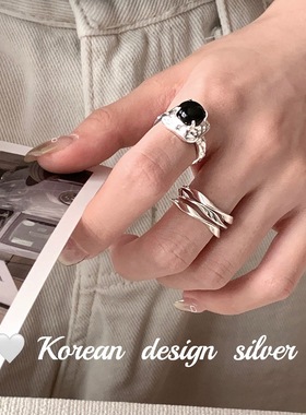 韩国重工亮银饰品 S925纯银重工凸面黑戒指  女指环