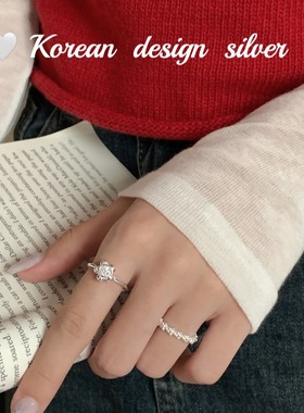 韩国东大门小众设计银饰品 S925纯银梅花镶钻开口戒指叠戴ins女