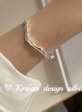 韩国ins博主同款重工银饰 S925纯银肌理纹不规则手镯 亮银女手环