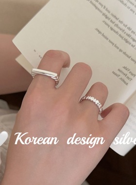 韩国ins风个性设计银饰品 S925纯银简约方形条纹戒指叠戴高级感女