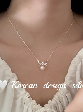 韩系ins风小众设计感银饰 S925纯银甜美镂空蝴蝶结珍珠项链高级感