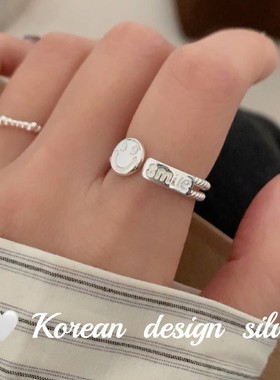韩版个性小众设计银饰 S925纯银双层笑脸英文开口麻花戒指百搭女