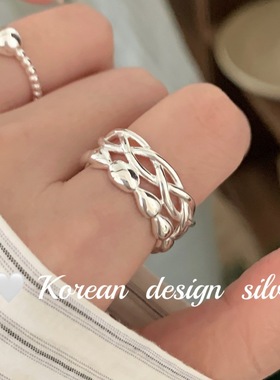 韩国东大门重工亮银饰品 S925纯银双层编织水滴拼接戒指叠戴高级