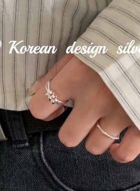 韩版冷淡风小众亮银饰品 925纯银简约镂空麻花戒指叠戴百搭开口女