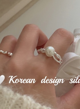 韩国ins风秋冬新款银饰 S925纯银施华洛珍珠麻花缠绕戒指高级感女