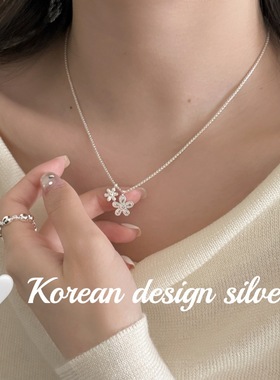 韩系甜美小众设计感银饰 S925纯银简约竖条纹小花项链女高级感ins