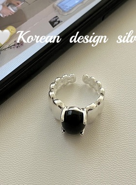 韩系东大门秋冬新款饰品 S925纯银简约椭圆黑玛瑙戒指小众高级感