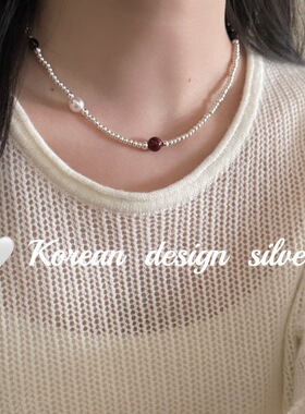 韩版秋冬新款轻奢手工 S925纯银安克拉红黑玛瑙珍珠项链高级感女