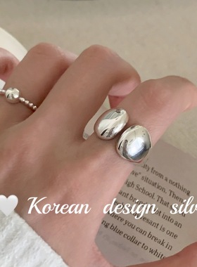 韩版东大门ins风设计亮银饰品 S925纯银重工水滴开口戒指高级质感