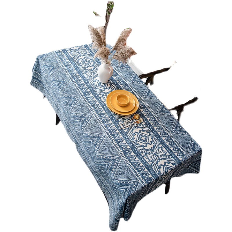 复古蓝色餐桌布几何印花东南亚民族风长方形桌布圆桌茶几台布盖布 - 图3