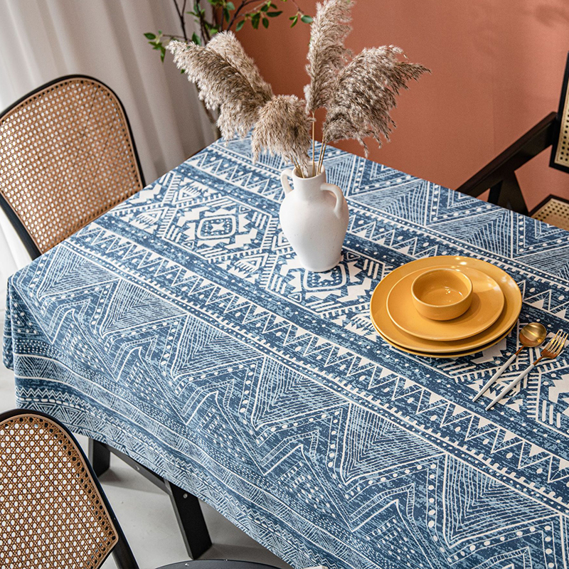 复古蓝色餐桌布几何印花东南亚民族风长方形桌布圆桌茶几台布盖布 - 图2