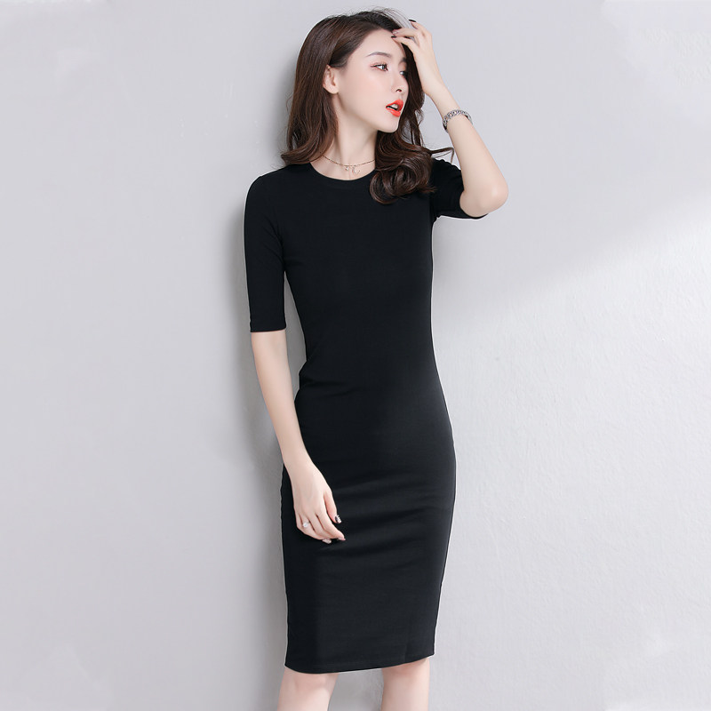 黑色修身气质春秋中长款中袖连衣裙 朝五吩连衣裙