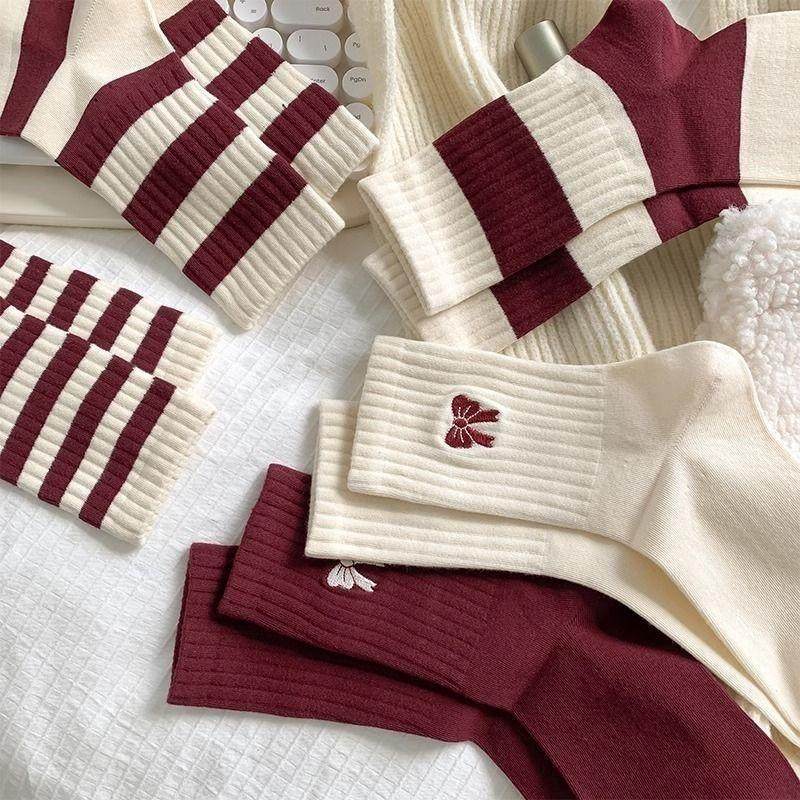 安可拉红色春秋中筒袜子蝴蝶结长筒袜ins百搭条纹女袜可过年穿哦,淘宝优惠券,粉丝福利购,淘宝优惠卷