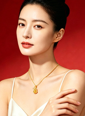 钱币葫芦项链女纯银24K金色国潮复古新中式福禄吊坠高级感锁骨链
